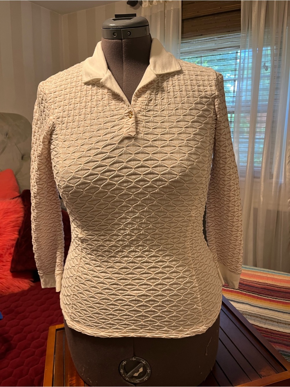 Sport Haley White/Beige Textured Women’s Pullover, Collared Single Button Top